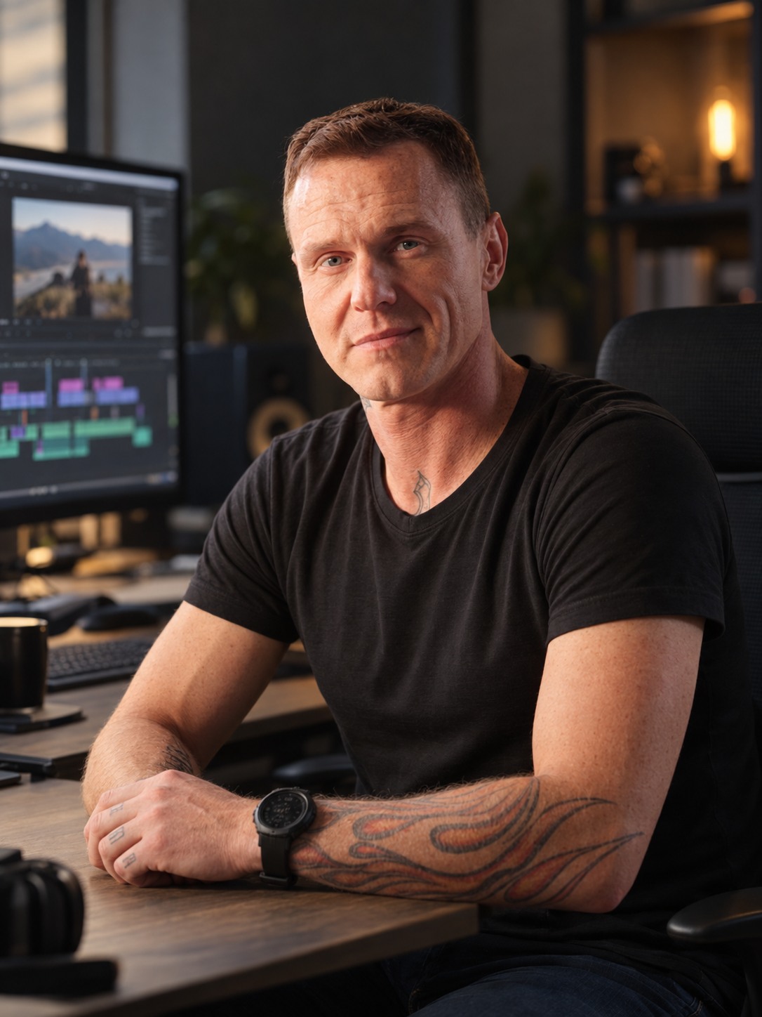 Sławomir Wróbel przy biurku w pracowni montażu filmowego